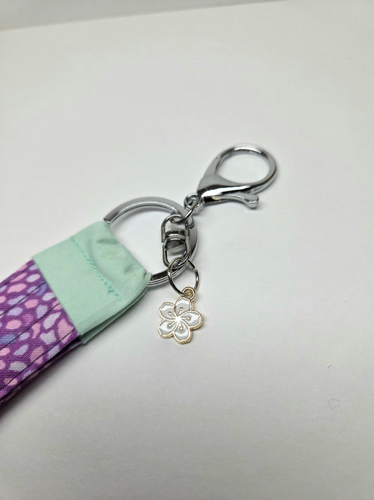 Handmade Quilted Wristlet Keychain | Purple Mosaic, Pink Blue Accents & Hibiscus Flower Charm