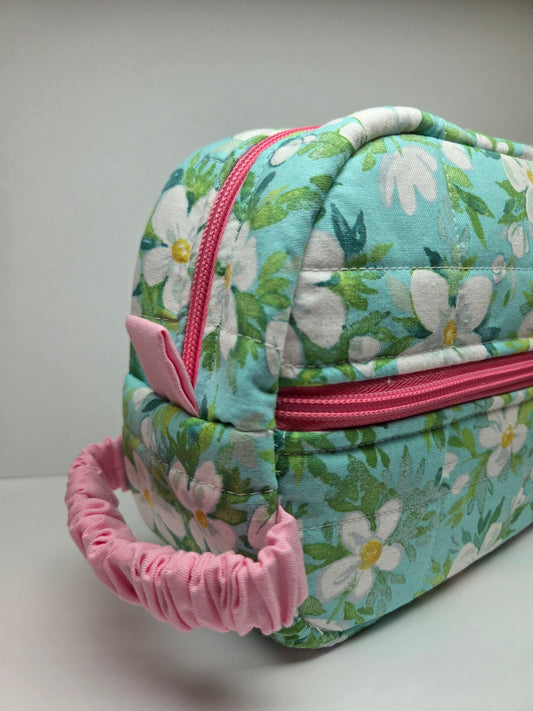 Travel Cosmetic Quilted Zipper Bag | Teal Floral Print & Pink Accent Medium Bag