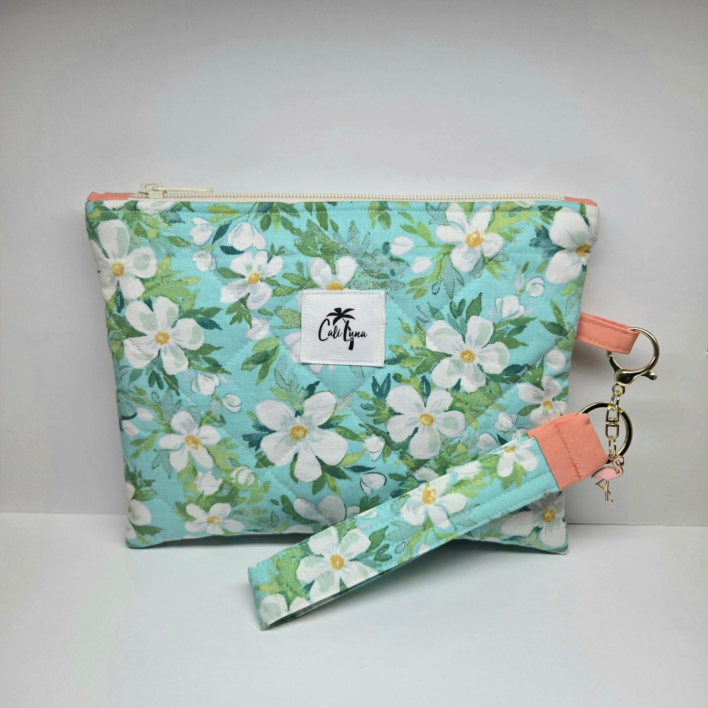 Handmade Quilted Zipper Pouch  | Teal Floral Print & Coral Pink Accent Medium Bag