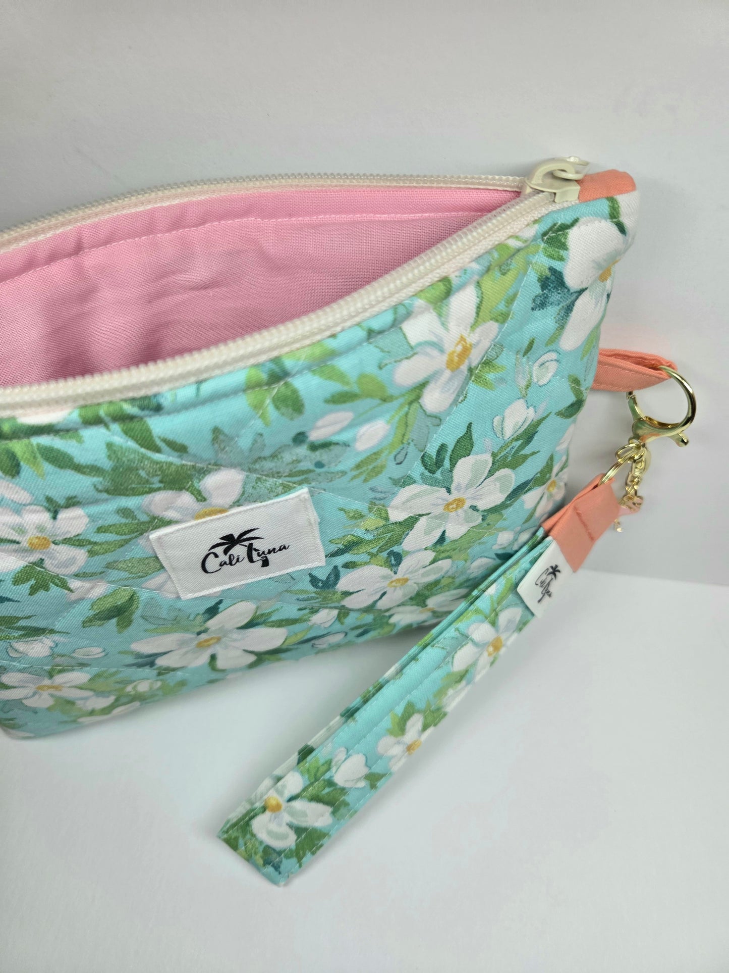 Handmade Quilted Zipper Pouch  | Teal Floral Print & Coral Pink Accent Medium Bag