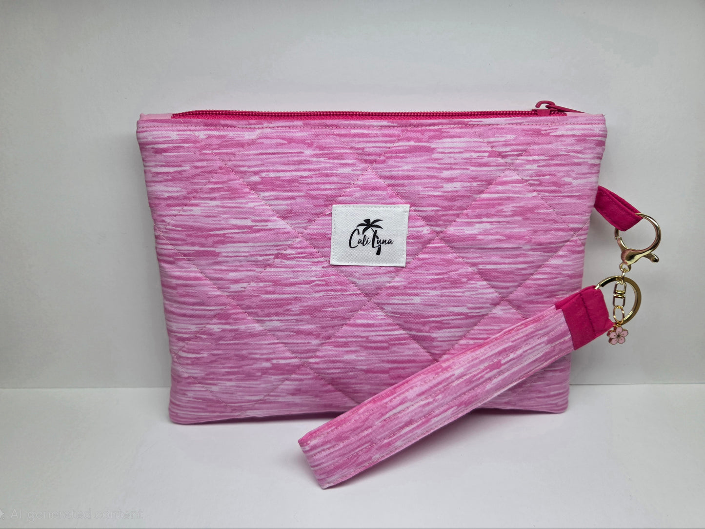 Handmade Quilted Zipper Pouch  | Pink Print & Hot Pink Accent Medium Bag