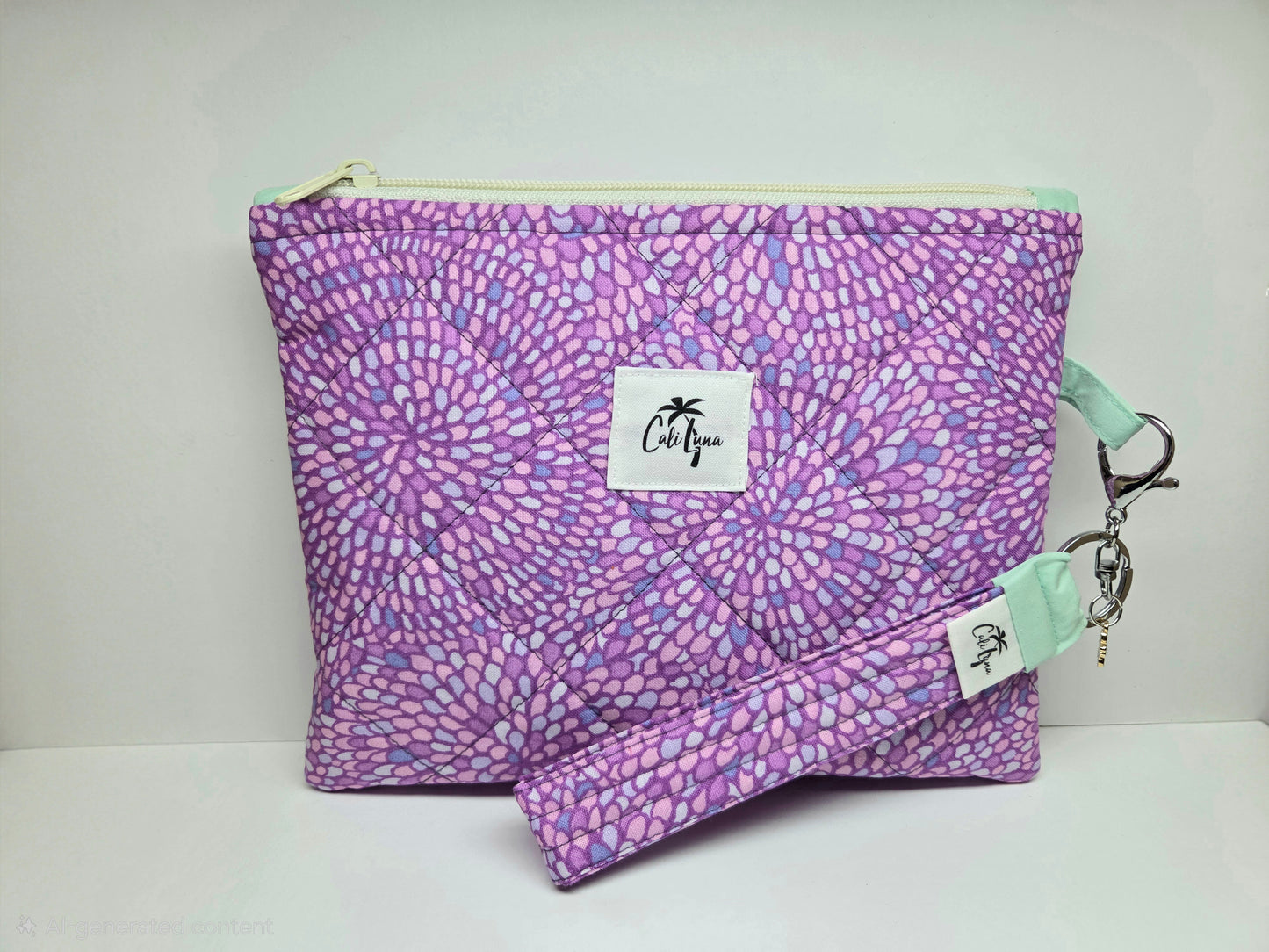 Handmade Quilted Zipper Pouch  | Purple Mosaic & Blue Accent Medium Bag