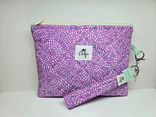 Handmade Quilted Zipper Pouch  | Purple Mosaic & Blue Accent Medium Bag