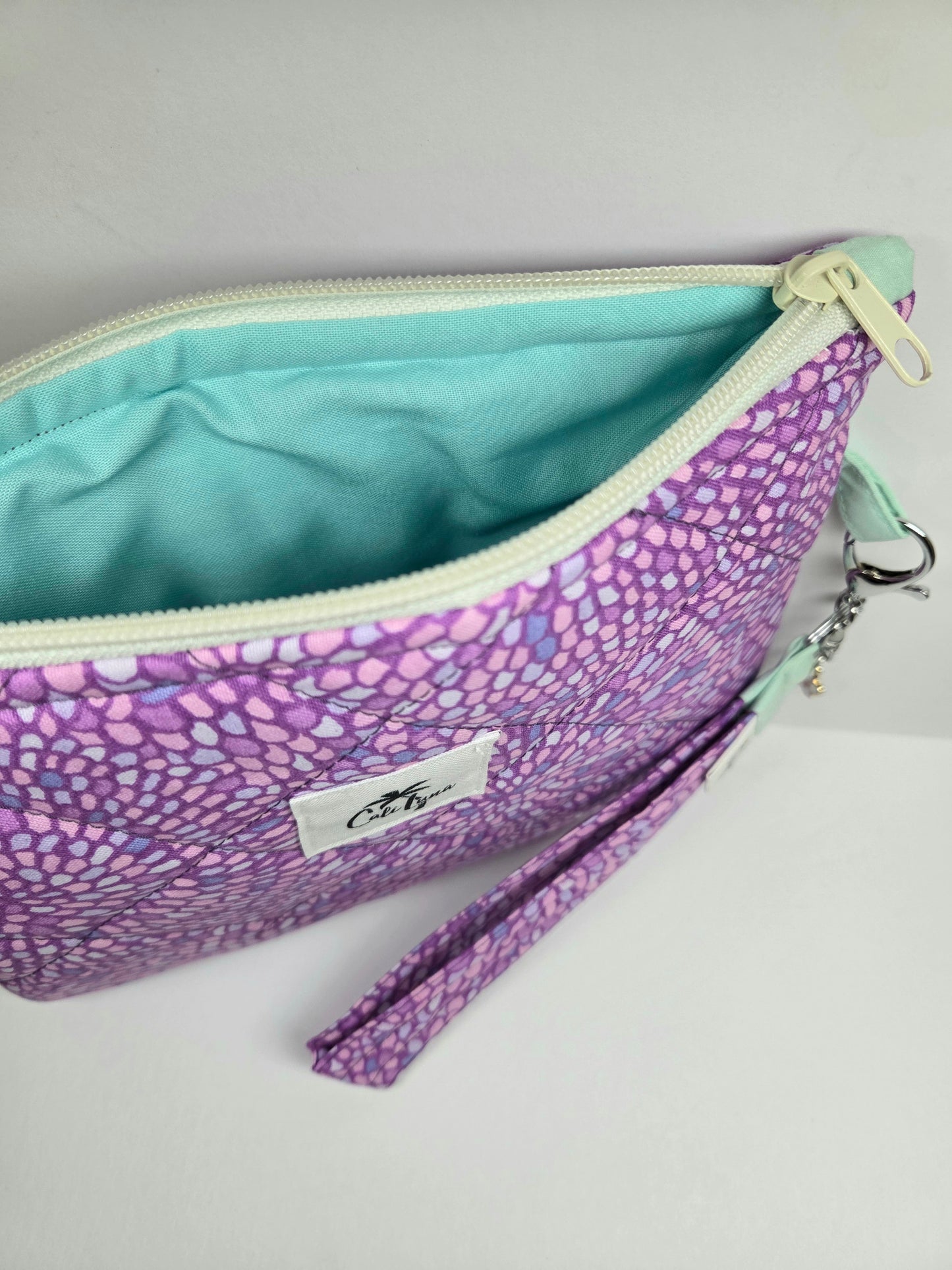 Handmade Quilted Zipper Pouch  | Purple Mosaic & Blue Accent Medium Bag