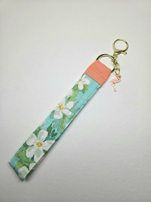Handmade Quilted Wristlet Keychain | Teal Floral, Coral Accents & Flamingo Charm