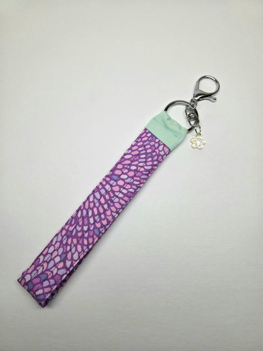 Handmade Quilted Wristlet Keychain | Purple Mosaic, Pink Blue Accents & Hibiscus Flower Charm