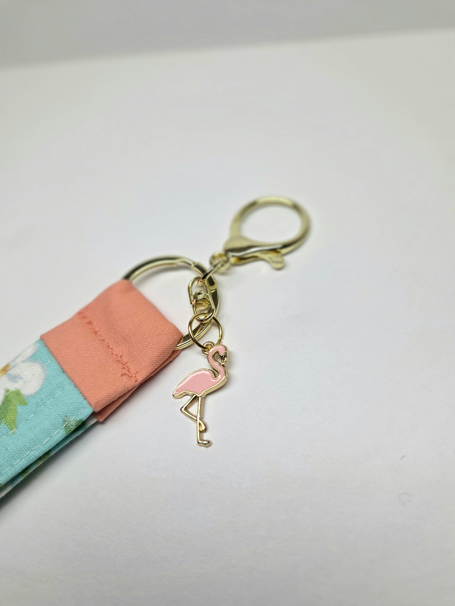 Handmade Quilted Wristlet Keychain | Teal Floral, Coral Accents & Flamingo Charm