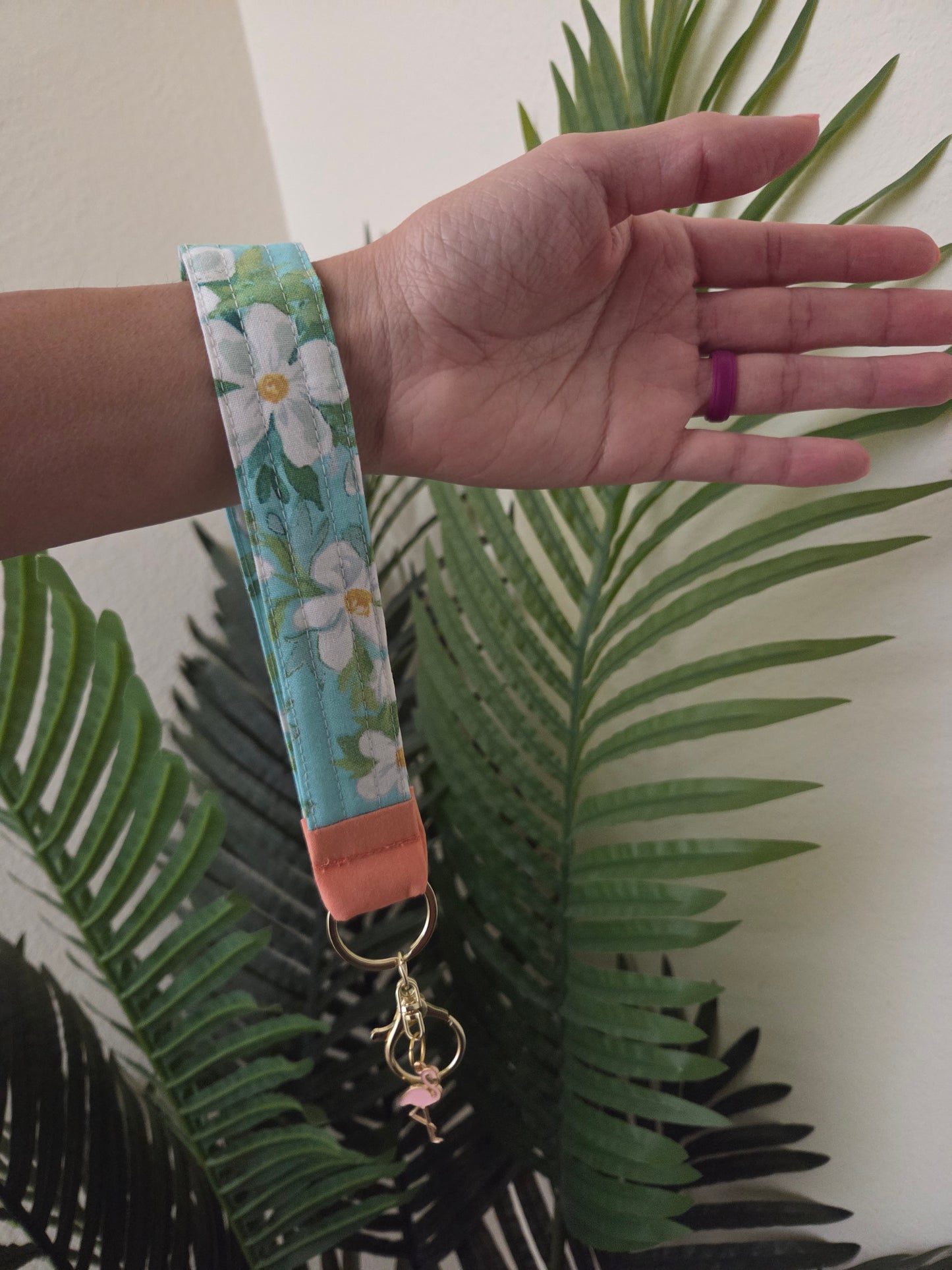 Handmade Quilted Wristlet Keychain | Teal Floral, Coral Accents & Flamingo Charm