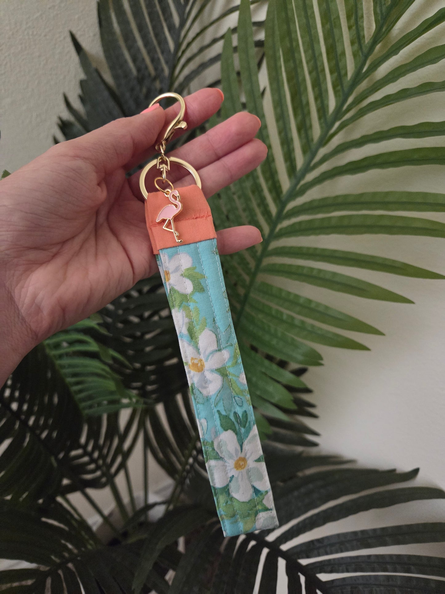 Handmade Quilted Wristlet Keychain | Teal Floral, Coral Accents & Flamingo Charm