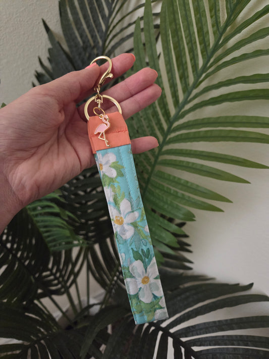 Handmade Quilted Wristlet Keychain | Teal Floral, Coral Accents & Flamingo Charm