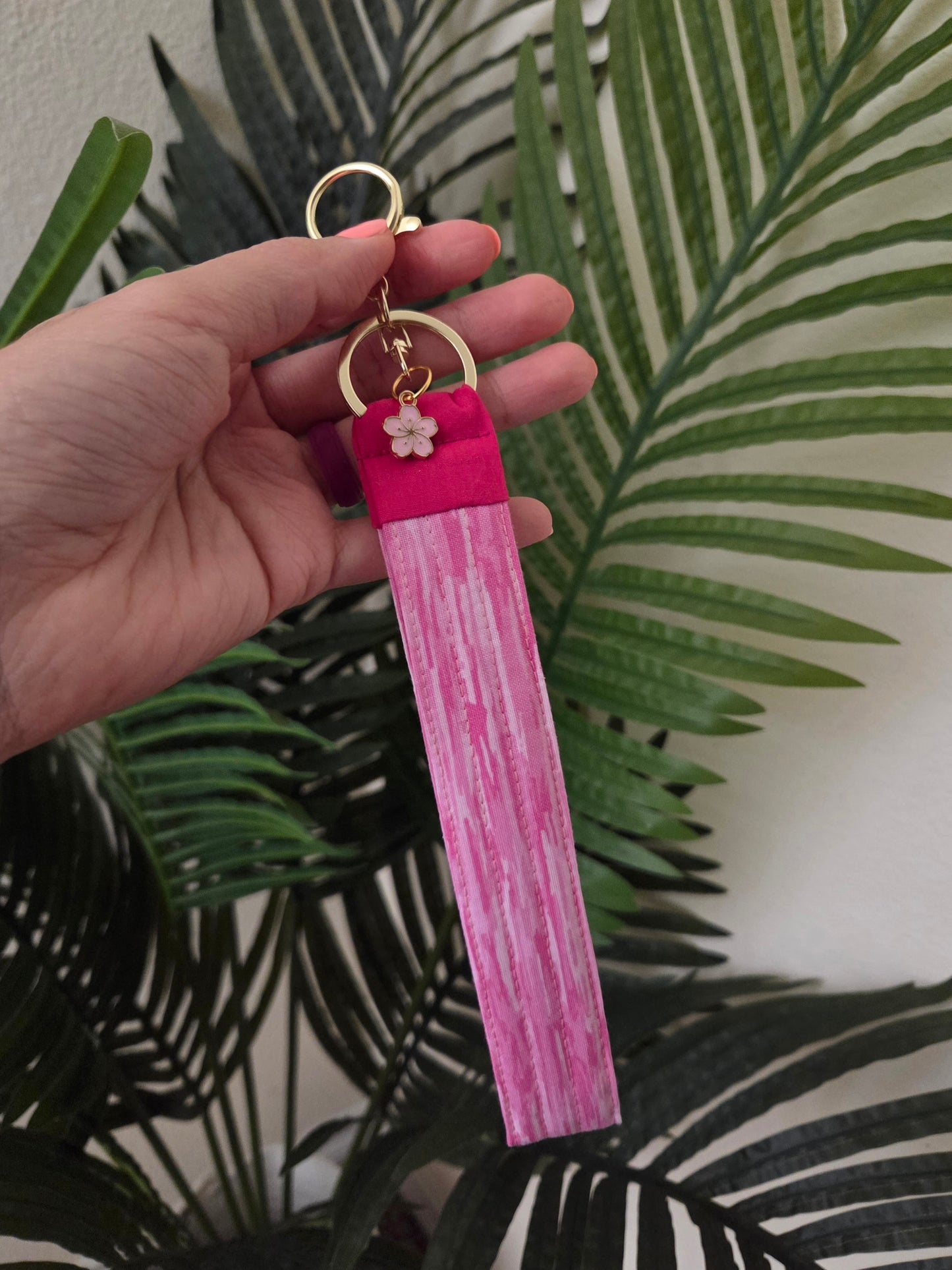 Handmade Quilted Wristlet Keychain | Pink, Hot Pink & Hibiscus Flower Charm