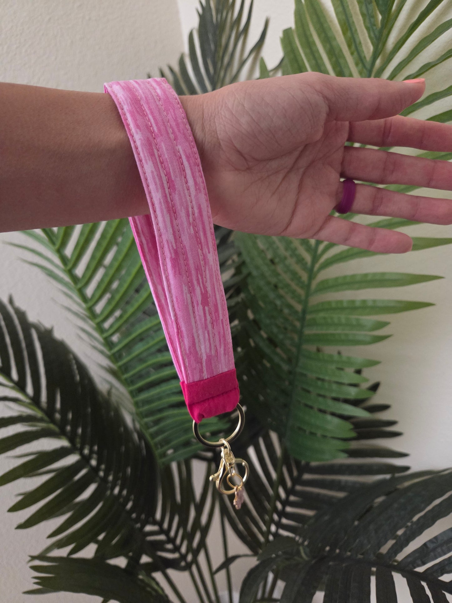 Handmade Quilted Wristlet Keychain | Pink, Hot Pink & Hibiscus Flower Charm