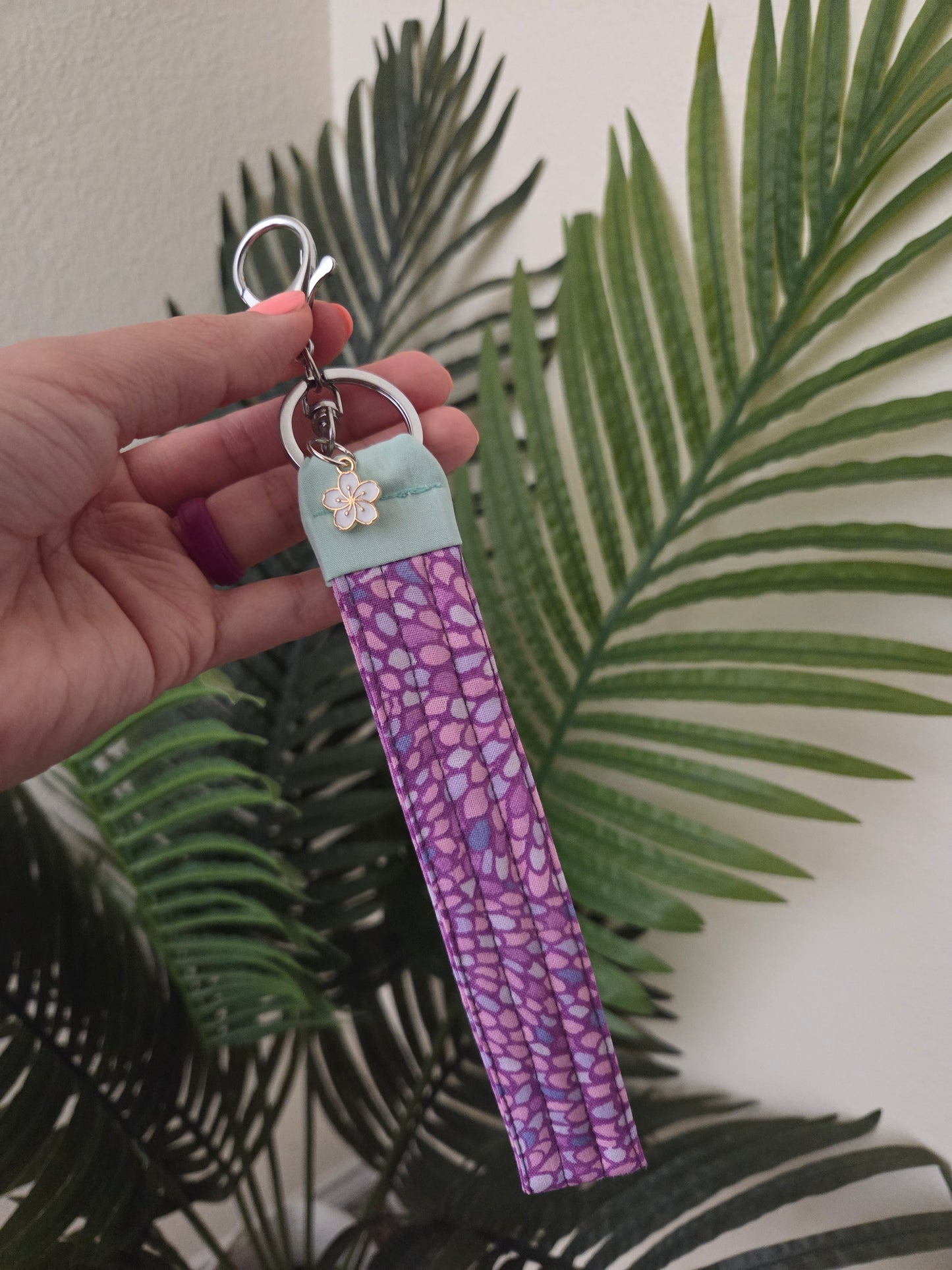 Handmade Quilted Wristlet Keychain | Purple Mosaic, Pink Blue Accents & Hibiscus Flower Charm