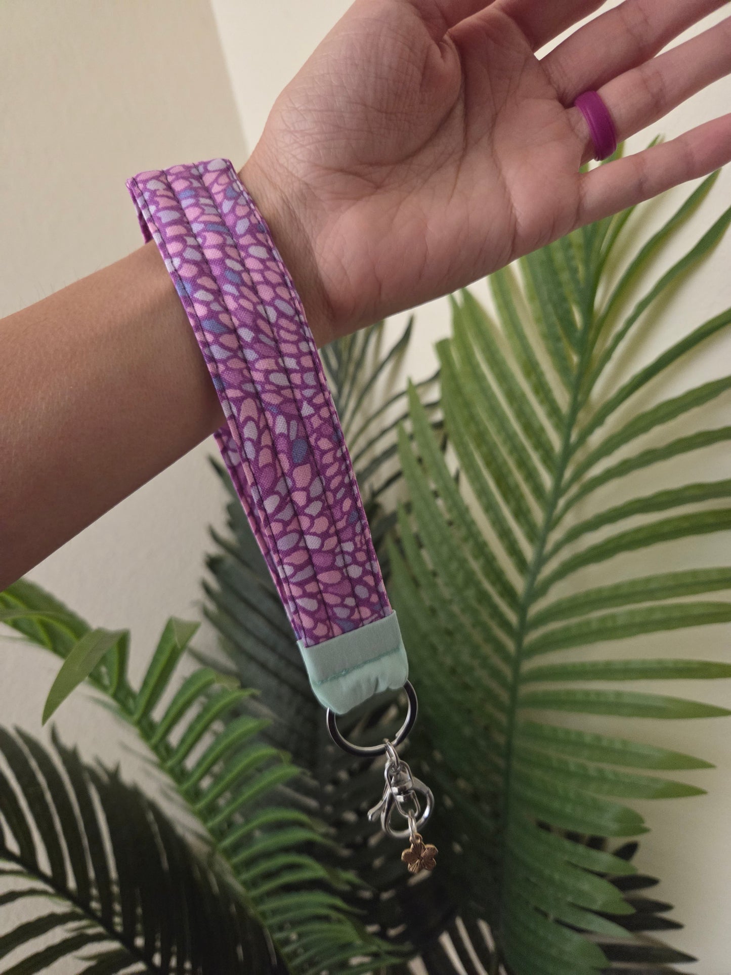 Handmade Quilted Wristlet Keychain | Purple Mosaic, Pink Blue Accents & Hibiscus Flower Charm