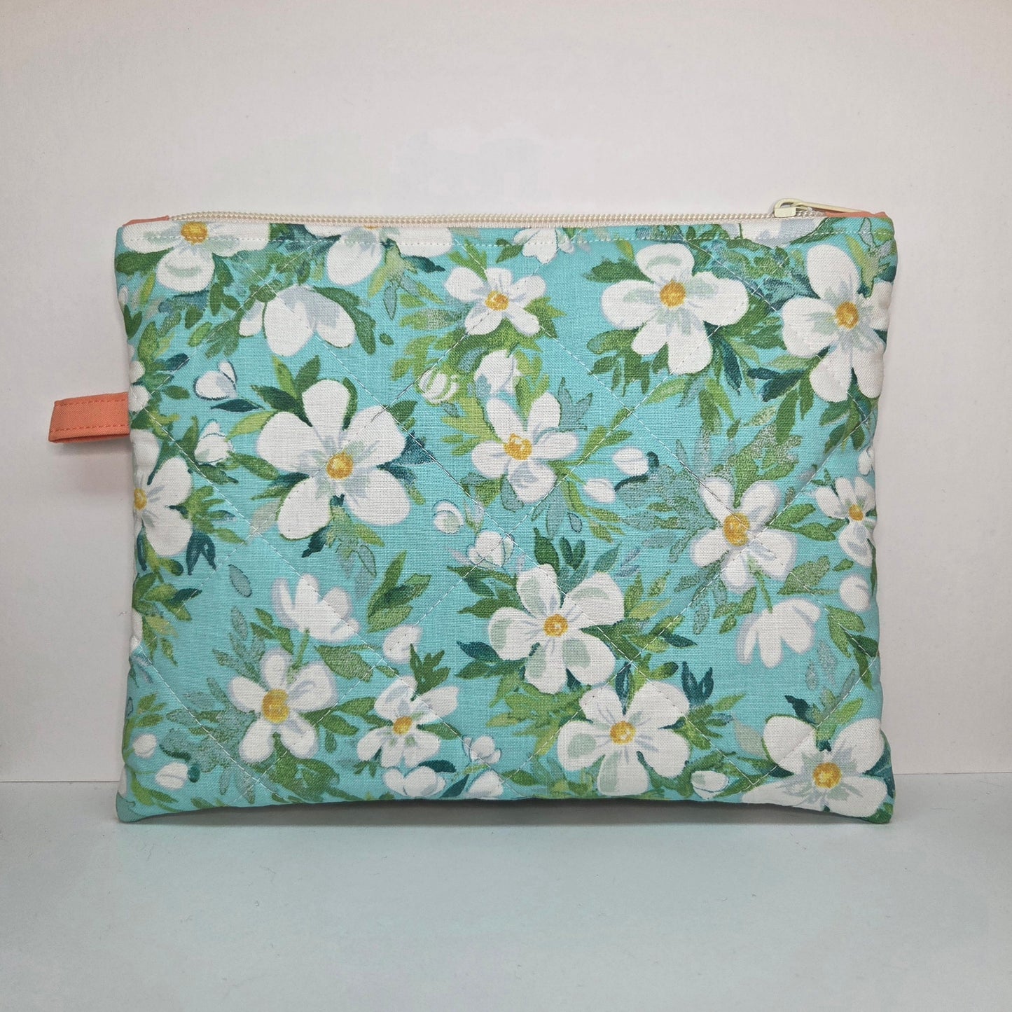 Handmade Quilted Zipper Pouch  | Teal Floral Print & Coral Pink Accent Medium Bag