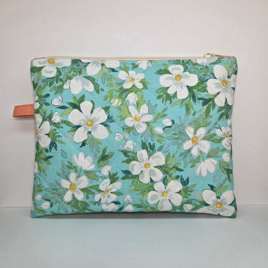 Handmade Quilted Zipper Pouch  | Teal Floral Print & Coral Pink Accent Medium Bag