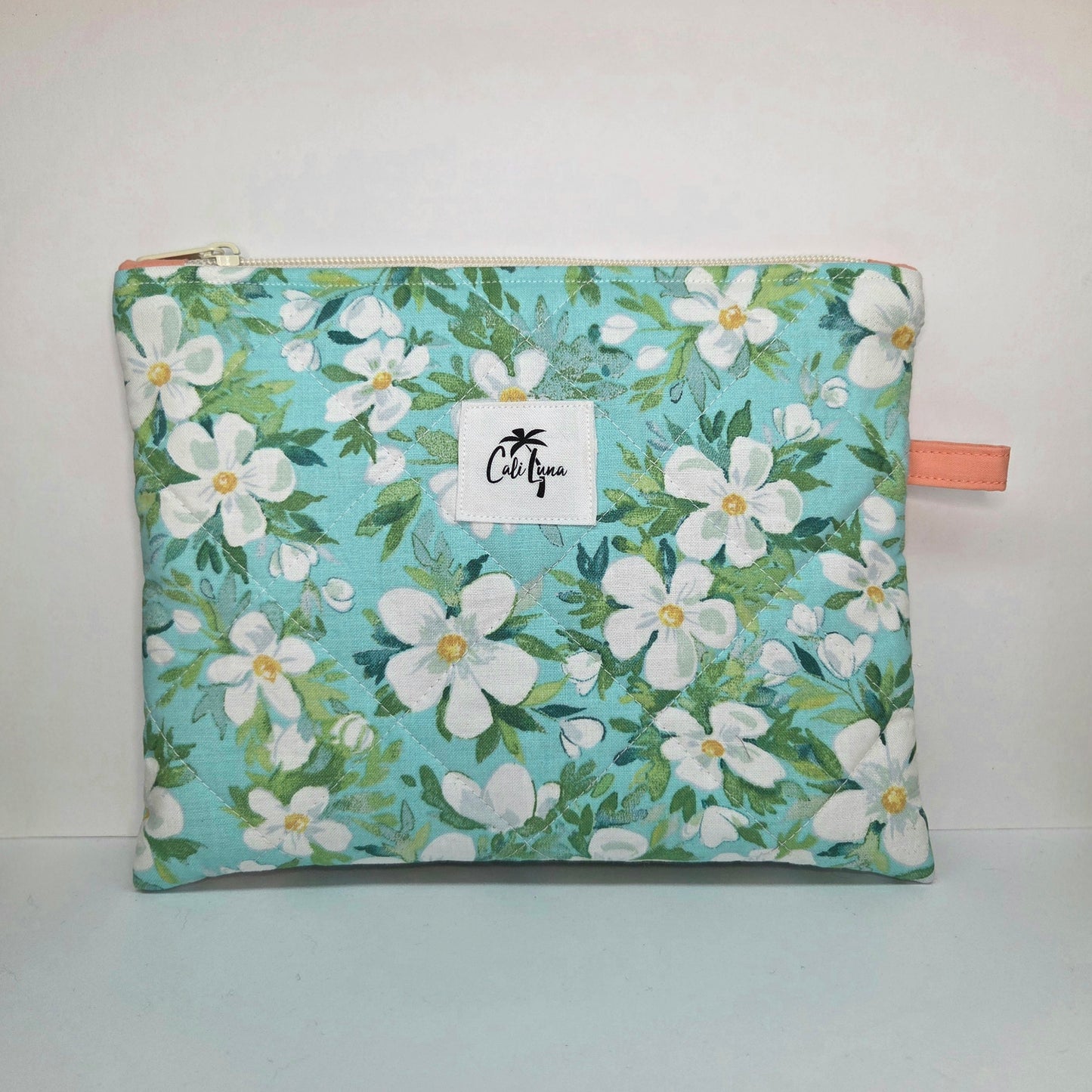 Handmade Quilted Zipper Pouch  | Teal Floral Print & Coral Pink Accent Medium Bag