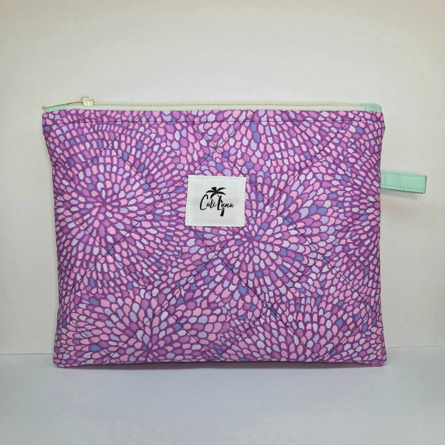 Handmade Quilted Zipper Pouch  | Purple Mosaic & Blue Accent Medium Bag