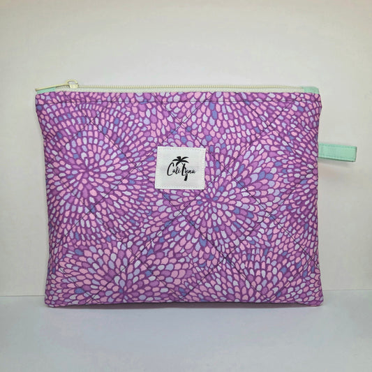 Handmade Quilted Zipper Pouch  | Purple Mosaic & Blue Accent Medium Bag