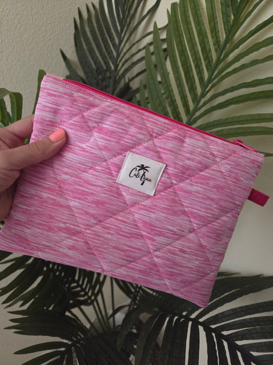 Handmade Quilted Zipper Pouch  | Pink Print & Hot Pink Accent Medium Bag