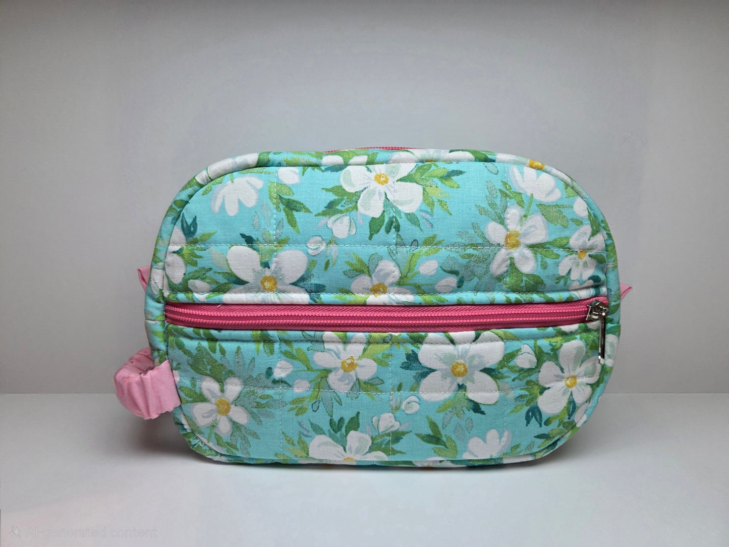 Travel Cosmetic Quilted Zipper Bag  | Teal Floral Print & Pink Accent Medium Bag