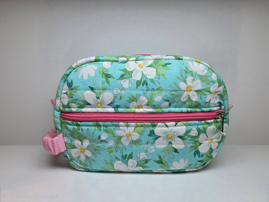 Travel Cosmetic Quilted Zipper Bag  | Teal Floral Print & Pink Accent Medium Bag