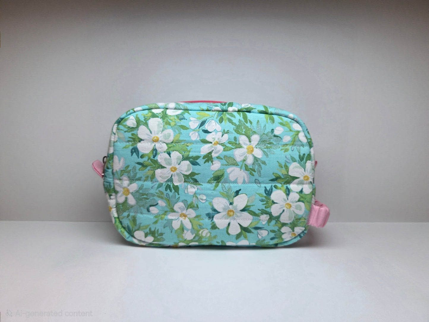 Travel Cosmetic Quilted Zipper Bag  | Teal Floral Print & Pink Accent Medium Bag