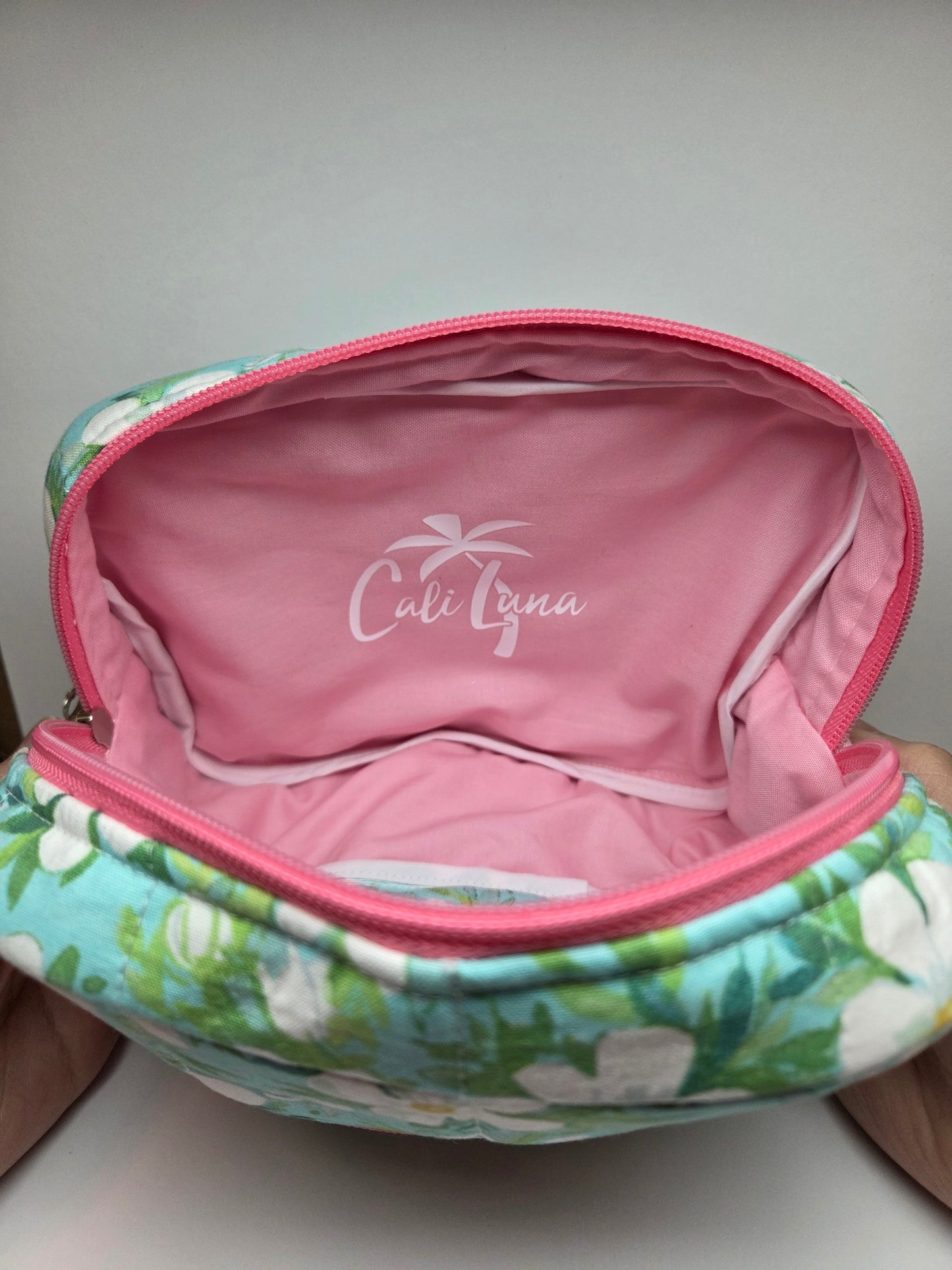 Travel Cosmetic Quilted Zipper Bag  | Teal Floral Print & Pink Accent Medium Bag