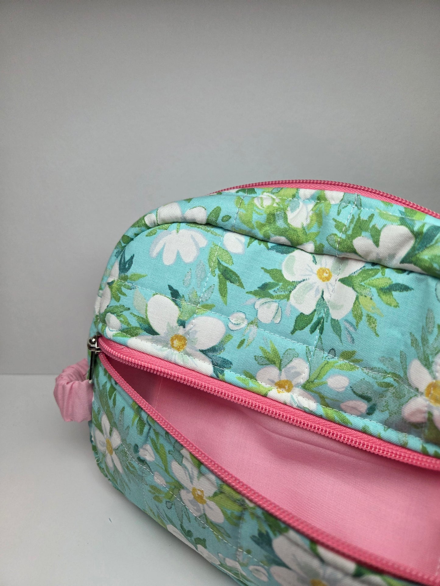 Travel Cosmetic Quilted Zipper Bag  | Teal Floral Print & Pink Accent Medium Bag