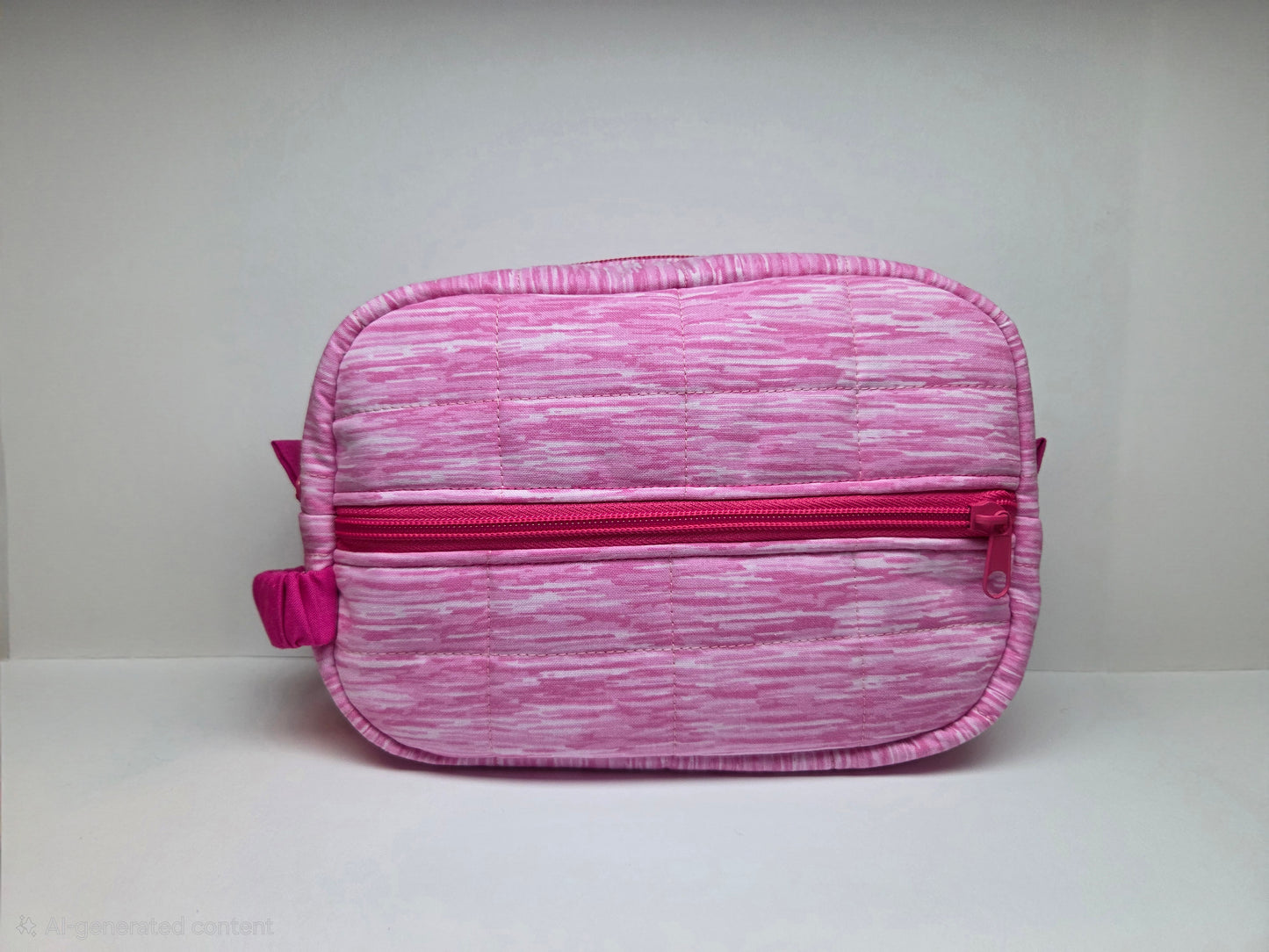 Travel Cosmetic Quilted Zipper Bag  | Pink Print & Hot Pink Accent Medium Bag