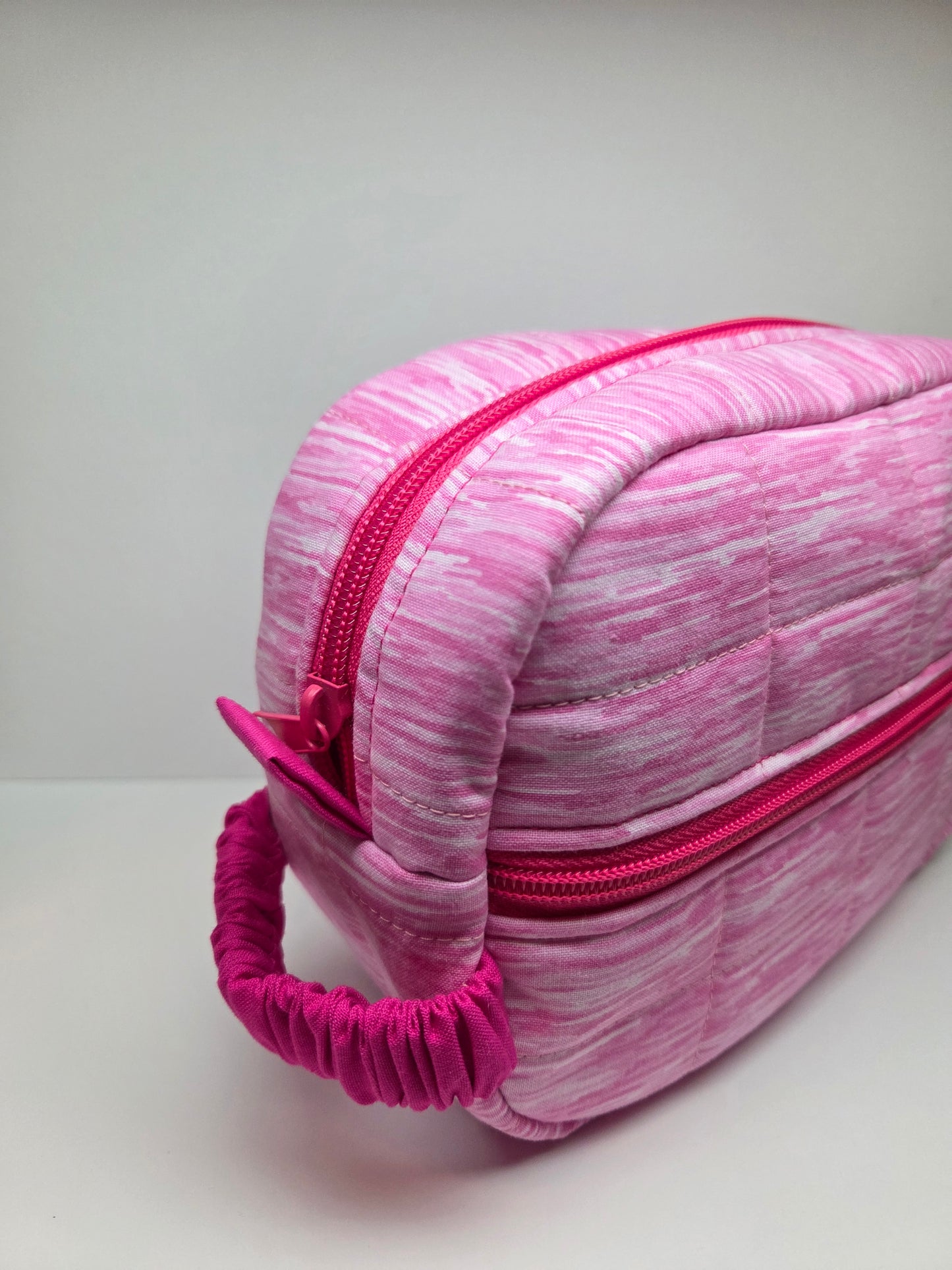 Travel Cosmetic Quilted Zipper Bag  | Pink Print & Hot Pink Accent Medium Bag