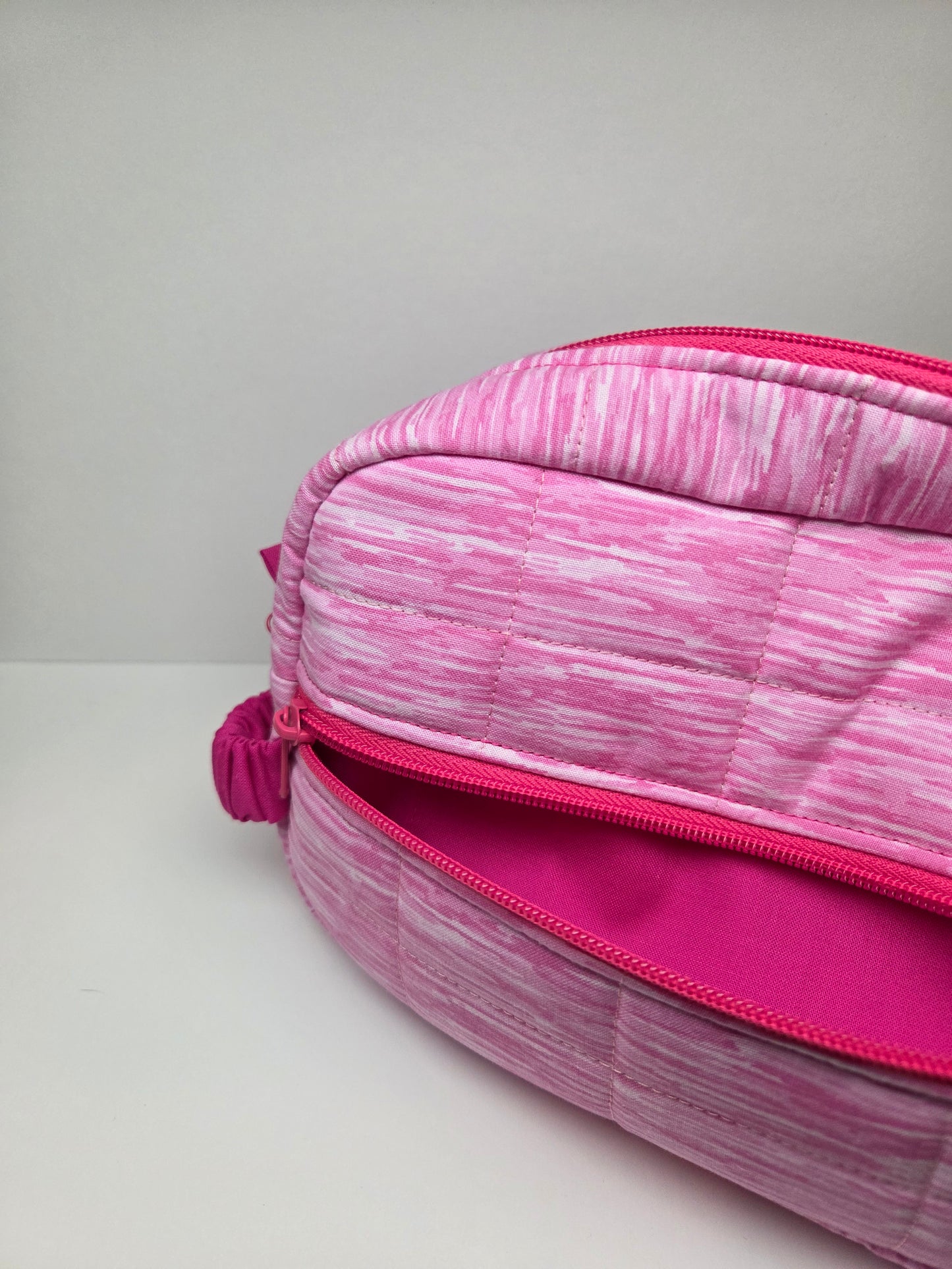 Travel Cosmetic Quilted Zipper Bag  | Pink Print & Hot Pink Accent Medium Bag