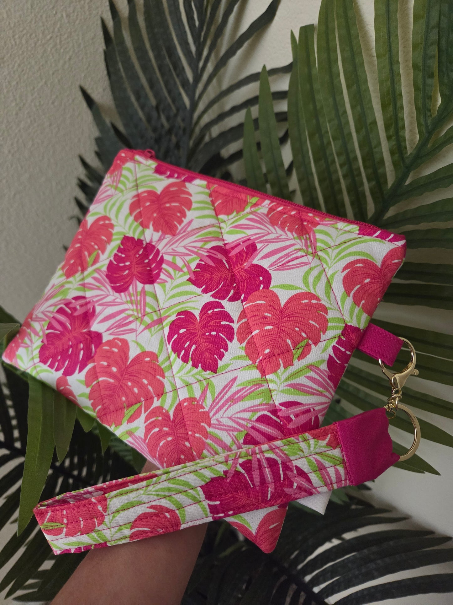 Handmade Quilted Zipper Pouch  | Tropical Pink Print & Hot Pink Accent Medium Bag