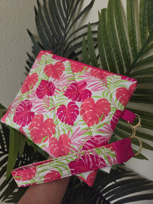 Handmade Quilted Zipper Pouch  | Tropical Pink Print & Hot Pink Accent Medium Bag