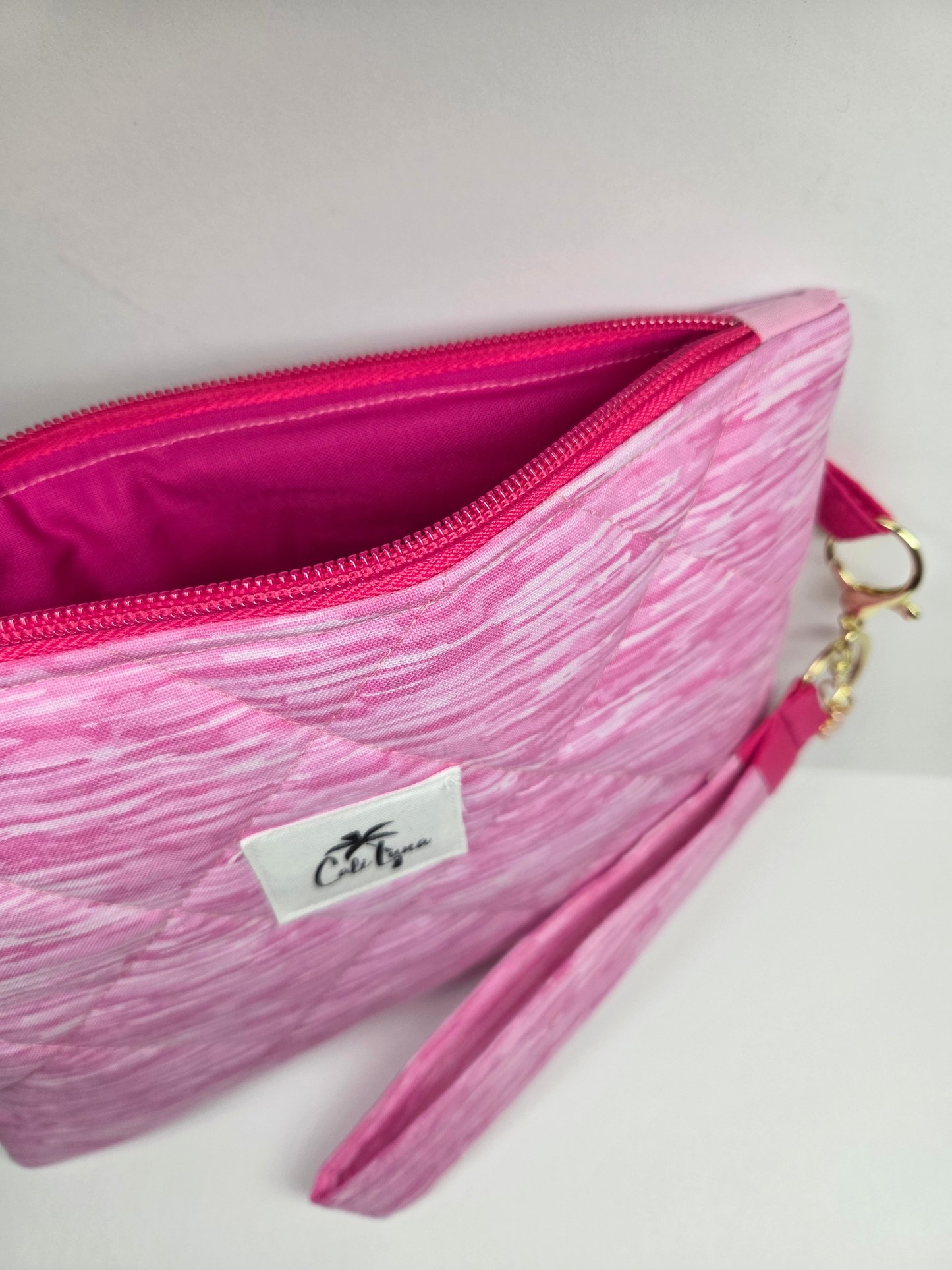 Handmade Quilted Zipper Pouch  | Pink Print & Hot Pink Accent Medium Bag