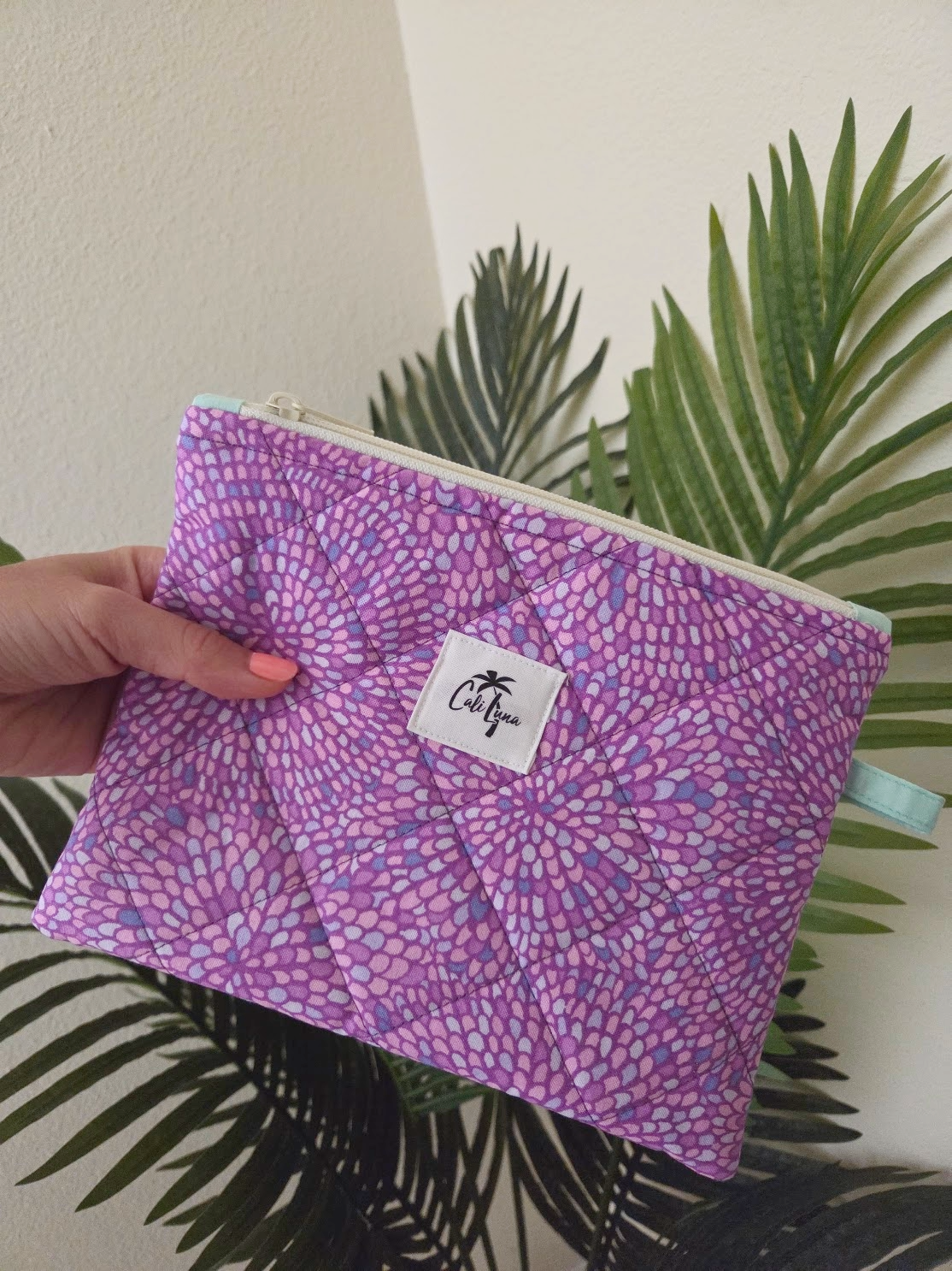 Handmade Quilted Zipper Pouch  | Purple Mosaic & Blue Accent Medium Bag