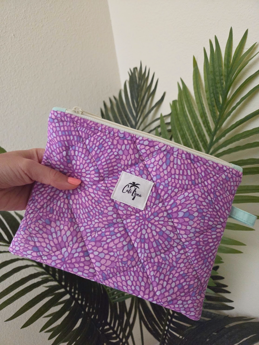 Handmade Quilted Zipper Pouch  | Purple Mosaic & Blue Accent Medium Bag