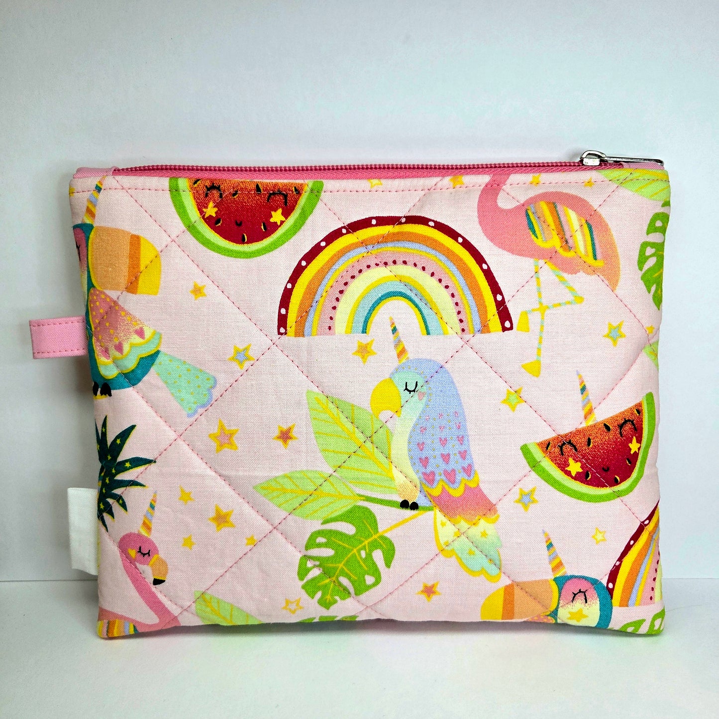 Handmade Quilted Zipper Pouch  | Cute Pink Tropical Summer Print & Hot Pink Accent Medium Bag