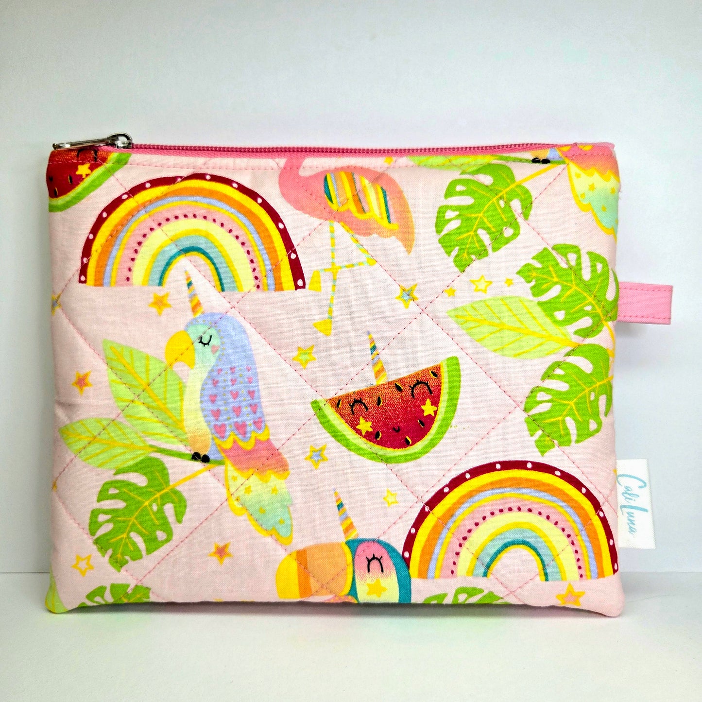 Handmade Quilted Zipper Pouch  | Cute Pink Tropical Summer Print & Hot Pink Accent Medium Bag