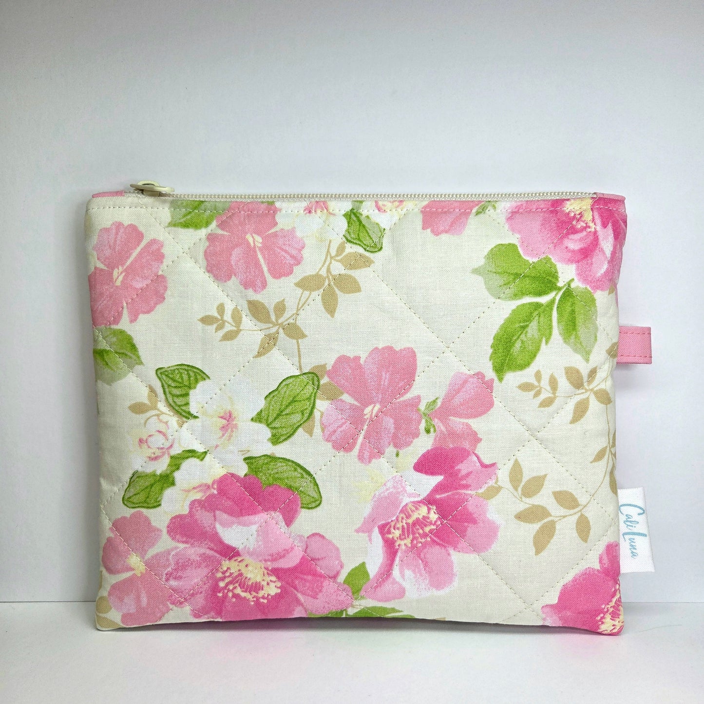 Handmade Quilted Zipper Pouch  | Off White Floral Print & Light Pink Accent Medium Bag