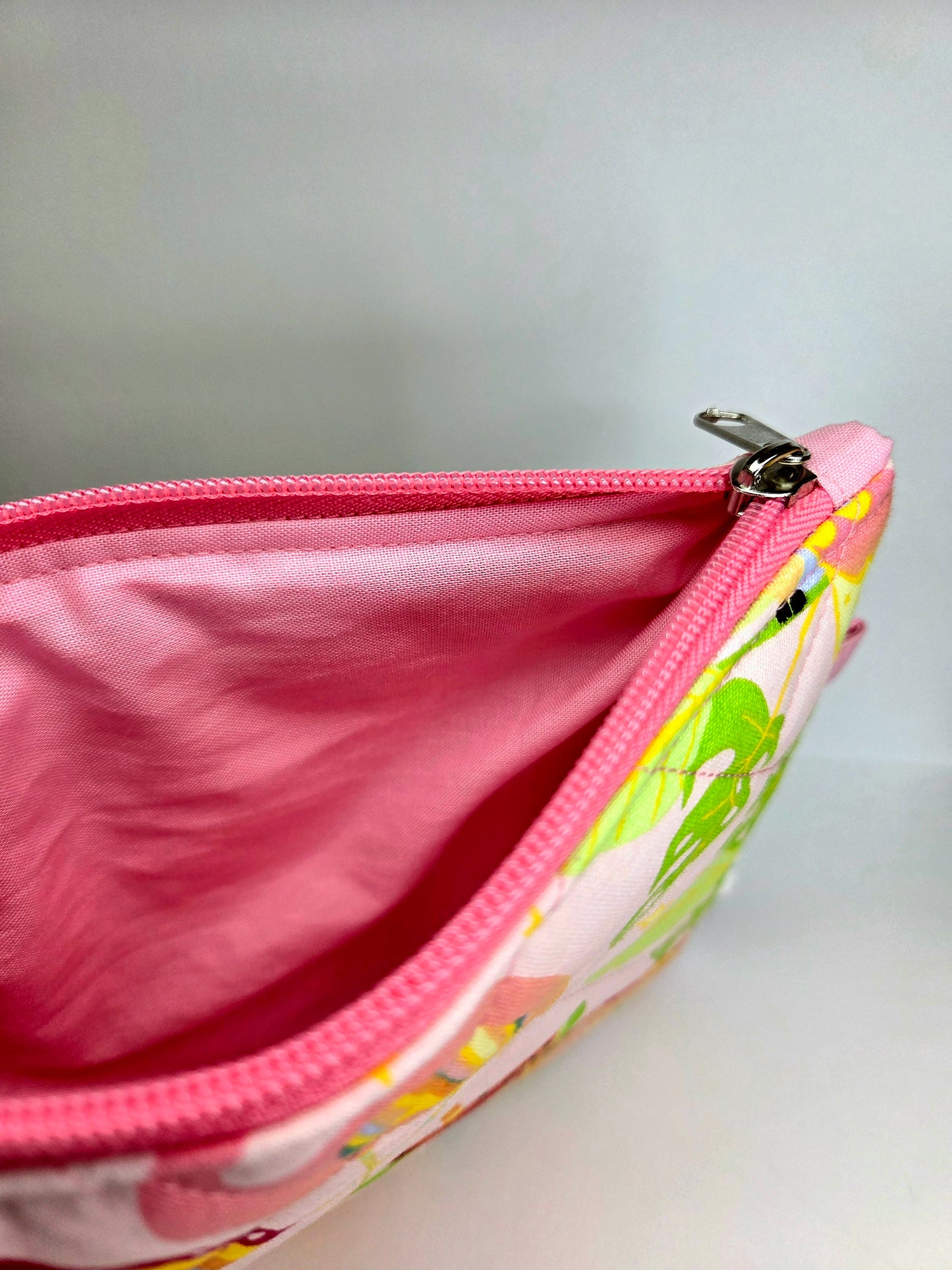 Handmade Quilted Zipper Pouch  | Cute Pink Tropical Summer Print & Hot Pink Accent Medium Bag